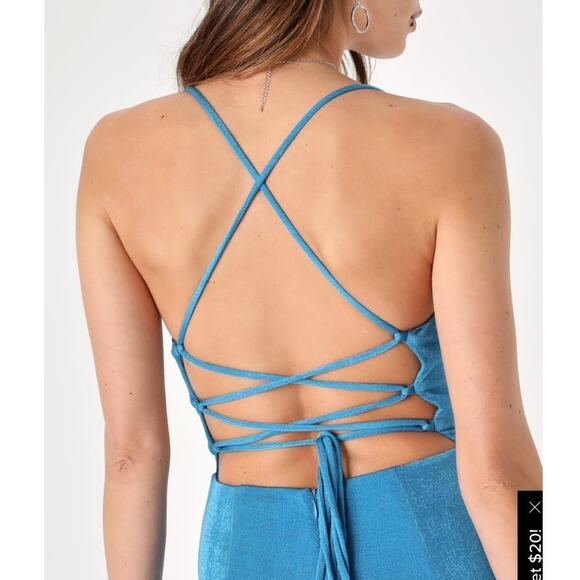 Lulus Med Owning the Vibe lace-up split-leg blue NWT dressy jumpsuit ($65) long - Picture 6 of 7